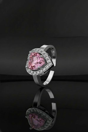 925 Ayar Pembe Taşlı Rodyum Pırlanta Işıltılı Kalp Ayarlanabilir Gümüş Yüzük
