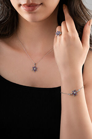 925 Ayar Ametist Taşlı Rodyum Lotus Çiçeği 3'lü Gümüş Set
