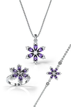 925 Ayar Ametist Taşlı Rodyum Lotus Çiçeği 3'lü Gümüş Set
