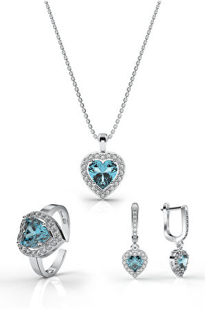 925 Ayar Akuamarin Taşlı Rodyum Pırlanta Işıltılı Kalp 3'lü Gümüş Set-Takım *Ayarlanabilir