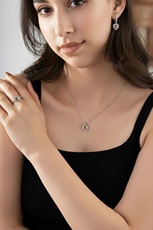 925 Ayar Sitrin Taşlı Rodyum Pırlanta Işıltılı Kalp 3'lü Gümüş Set-Takım *Ayarlanabilir