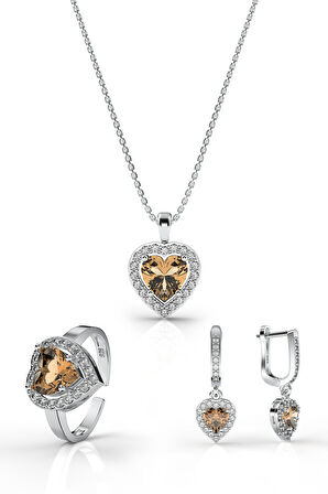 925 Ayar Sitrin Taşlı Rodyum Pırlanta Işıltılı Kalp 3'lü Gümüş Set-Takım *Ayarlanabilir