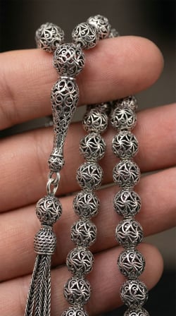 925 Ayar Küre Kesim 3 Kamçılı Püskül Bilek Boy Spiral Desenli Otantik Gümüş Tesbih