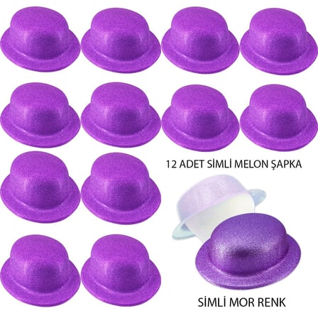 Eğlence Detayı Karnaval Ürünü Etkinlik Aksesuarı Mor Renk Simli Melon Yuvarlak Parti Şapkası 12 Adet