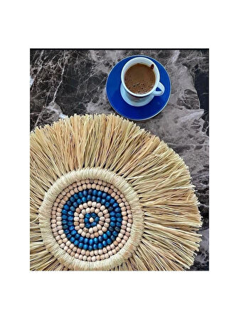 Rafya Mavi Ahşap Boncuklu Duvar Aksesuar Süsü