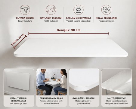 Ratemo Mobilya 90X50 cm Beyaz Oval Köşeli Duvara Monte Katlanır Masa | Mekanizmalı Açılır Kapanır Duvar Masası