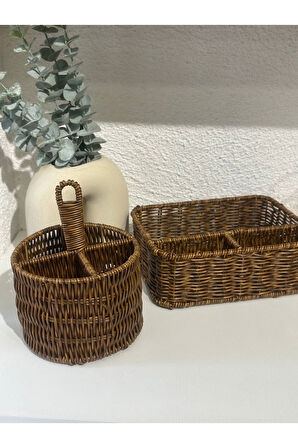 Rattan Kahverengi  Bölmeli Düzenleyici Organizer Kaşıklık