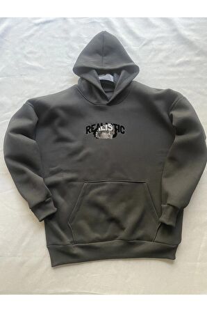 Realistic Baskılı Siyah Erkek Kapüşonlu 3 iplik Şardonlu Ribanalı Sweatshirt Hoodie