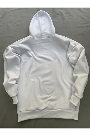 Realistic Baskılı Beyaz Erkek Kapüşonlu 3 iplik Şardonlu Ribanalı Sweatshirt Hoodie