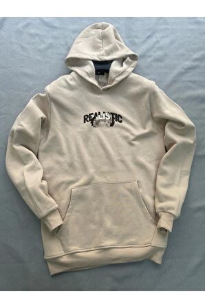 Realistic Baskılı Bej Erkek Kapüşonlu 3 iplik Şardonlu Ribanalı Sweatshirt Hoodie