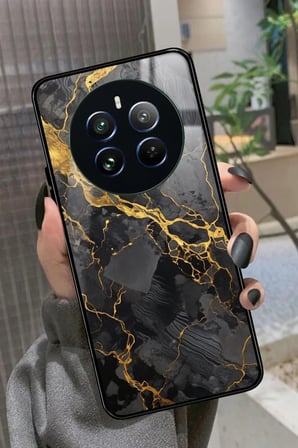 Realme 12 Uyumlu Siyah Mermer Tasarımlı Parlak Silikon Kılıf