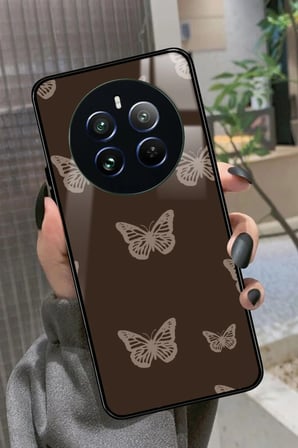 Realme 12 Uyumlu Kahverengi Kelebek Tasarımlı Parlak Silikon Kılıf