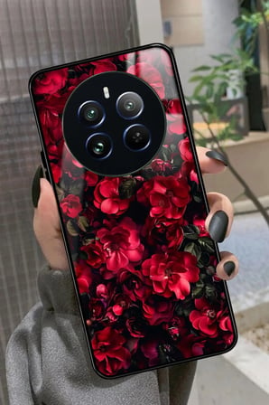Realme 12 Uyumlu Kırmızı Çiçek Tasarımlı Parlak Silikon Kılıf