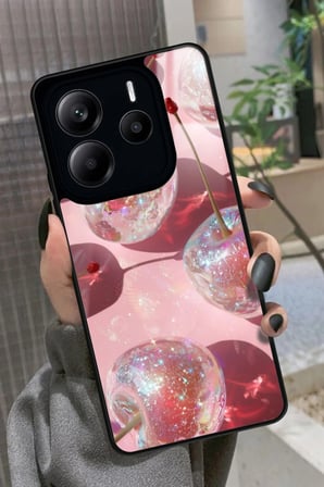 Xiaomi Redmi Note 14 Uyumlu Simli Kiraz Tasarımlı Parlak Silikon Kılıf