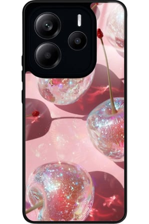 Xiaomi Redmi Note 14 Uyumlu Simli Kiraz Tasarımlı Parlak Silikon Kılıf