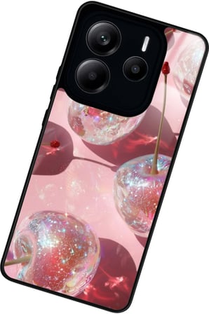 Xiaomi Redmi Note 14 Uyumlu Simli Kiraz Tasarımlı Parlak Silikon Kılıf