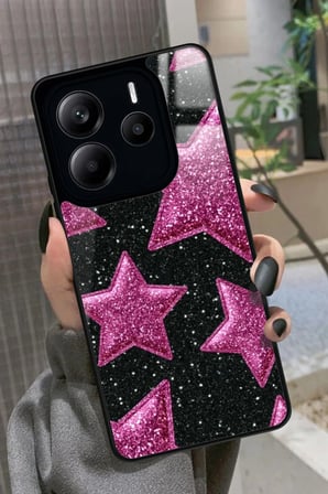 Xiaomi Redmi Note 14 Uyumlu Pembe Yıldız Tasarımlı Parlak Silikon Kılıf