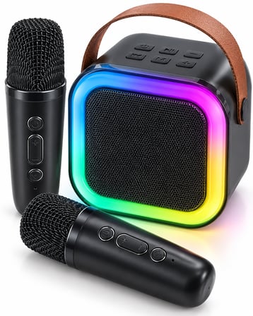Çift Kablosuz Mikrofonlu LED Işıklı Bluetooth Karaoke Hoparlör Seti