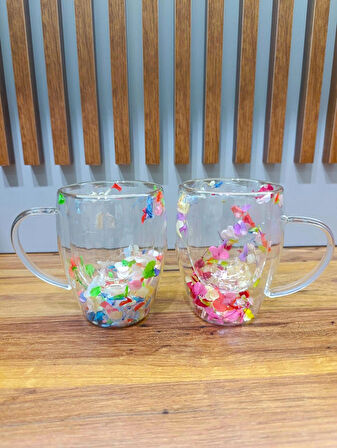 2 Adet Gerçekçi Çiçek Tasarım Çift Cidarlı Cam Kupa, Sıcak ve Soğuk İçecek Bardağı 350 ml