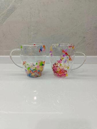 2 Adet Gerçekçi Çiçek Tasarım Çift Cidarlı Cam Kupa, Sıcak ve Soğuk İçecek Bardağı 350 ml