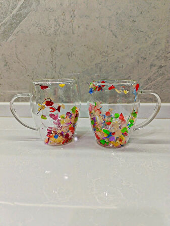 2 Adet Gerçekçi Çiçek Tasarım Çift Cidarlı Cam Kupa, Sıcak ve Soğuk İçecek Bardağı 350 ml