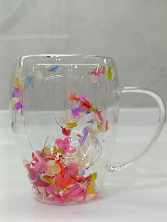 2 Adet Gerçekçi Çiçek Tasarım Çift Cidarlı Cam Kupa, Sıcak ve Soğuk İçecek Bardağı 350 ml