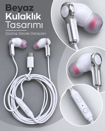 Kumandalı ve Silikon Başlıklı Beyaz Type C Kablolu Kulaklık