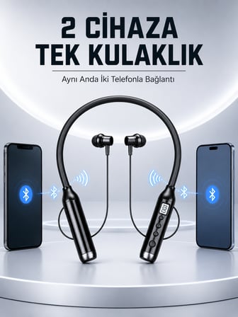 Boyun Bantlı Bluetooth Kulaklık Dijital Ekranlı Mikrofonlu Çift Telefon Bağlantılı Kablosuz Müzik ve Görüşme Kulaklığı