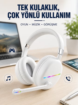 Beyaz Kablosuz Bluetooth Kulaklık Mikrofonlu Ergonomik Kulak Üstü Tasarım