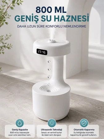 Ters Akan Su Damlası Nemlendirici 800 ml Sessiz Ultrasonik Oda Nemlendirici