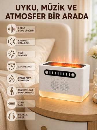Hoparlörlü Simüle Alev Işıklı Çok Fonksiyonlu Gece Lambası