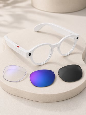 Beyaz Yapay Zeka Akıllı Gözlük Fotoğraf Video Ses Kayıtlı Çoklu Dil Çeviri Bluetooth Bağlantılı 3 Lensli