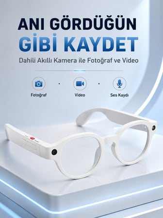 Beyaz Bluetooth Akıllı Gözlük Dahili Kameralı Fotoğraf Video Kayıt Yapay Zeka Çeviri Dokunmatik Kontrol Özellikli