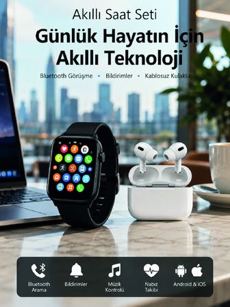 Bluetooth Arama Özellikli Akıllı Saat Seti Kablosuz Kulaklık Hediyeli, Android & iOS Uyumlu