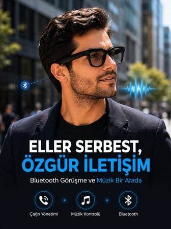 Siyah Kameralı Akıllı Gözlük Bluetooth Telefon Görüşmeli Video Fotoğraf ve Ses Kayıtlı Dokunmatik Kontrollü