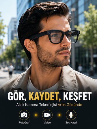 Siyah Bluetooth Akıllı Kamera Gözlüğü Fotoğraf Video Ses Kayıtlı AI Sesli Asistanlı Manyetik Şarjlı 3 Lensli
