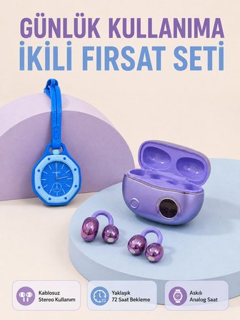 Kablosuz Kulaklık ve Mavi Çanta Charm Saat İkili Set Taşınabilir Günlük Kullanım
