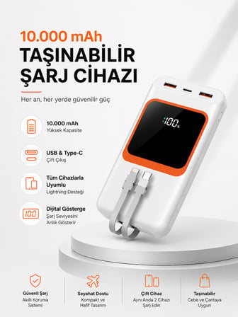 10.000 mAh Bataryalı, Dijital Göstergeli Taşınabilir Powerbank