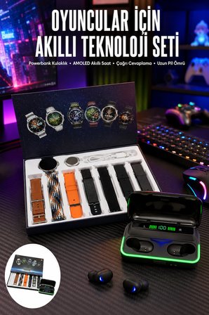 Powerbank Bluetooth Kulaklık Ve Akıllı Saat 7 Kordonlu Metal Kordon Plastik Kordon