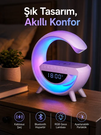 Bluetooth Hoparlör 15W Kablosuz Hızlı Şarj LED Gece Lambası