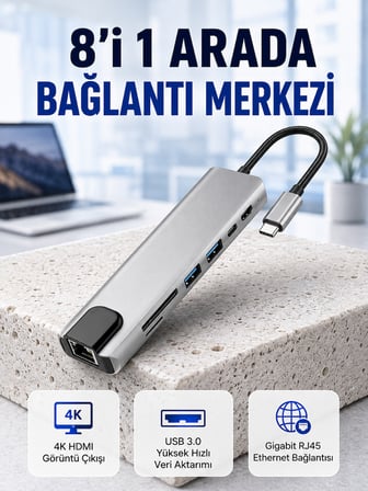 Seyahat Dostu 8‑in‑1 Hub – Şarj & Veri & Video & Ağ için Eksiksiz Çözüm (Kopya)