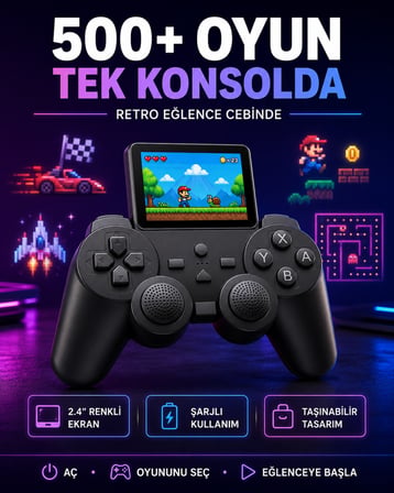 Çocuklar ve Yetişkinler İçin Uygun 500 Oyunlu Taşınabilir Mini Retro El Konsolu