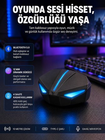 Tam Kablosuz Oyuncu Kulaklığı 5.0 Bluetooth LED Kontrollü Yeni Nesil