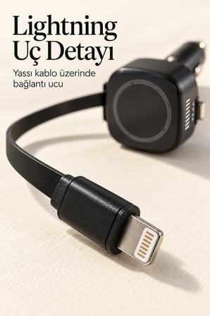 Makaralı Kablolu Araç İçi Hızlı Şarj Cihazı Type C ve Lightning