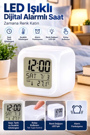 LED Aydınlatmalı Küp Saat Dijital Alarm Tarih ve Sıcaklık Göstergeli
