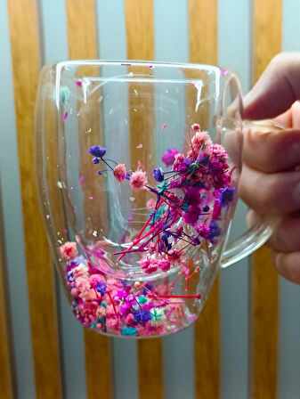 1 Adet Gerçekçi Çiçek Tasarım Çift Cidarlı Cam Kupa, Sıcak ve Soğuk İçecek Bardağı 350 ml