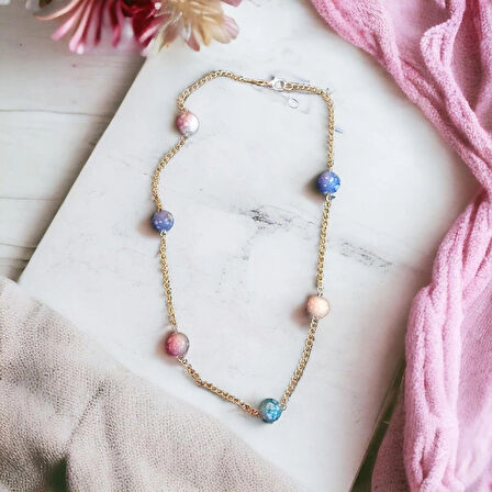 Renkli Desenli Boncuk Aesthetic Soft Vibes Vintage Zincir Özel Tasarım Hediyelik Kolye