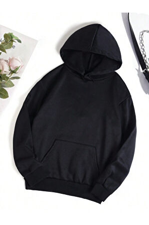 Renkli Oturan Ayıcık Baskılı Unisex Siyah Kanguru Cepli Kapüşonlu Sweatshirt Hoodie | M