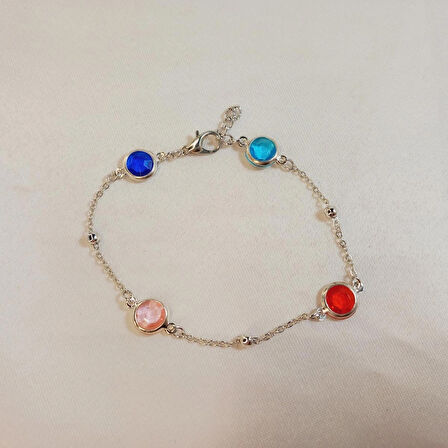 Crystal Atelier Gümüş Renkli Sıra Taşlı Bileklik, Gümüş Kaplama Sıra Taşlı Bileklik, Kadın Bileklik, Kadın Bilezik, Renkli Taşlı Bileklik, Renkli Boncuk Bileklik, Zincir Bileklik 