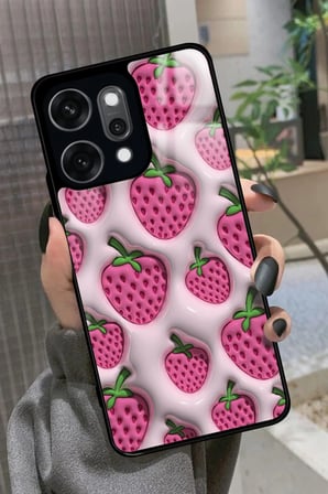 Oppo Reno 14 Pro Uyumlu Çilek Tasarımlı Parlak Silikon Kılıf